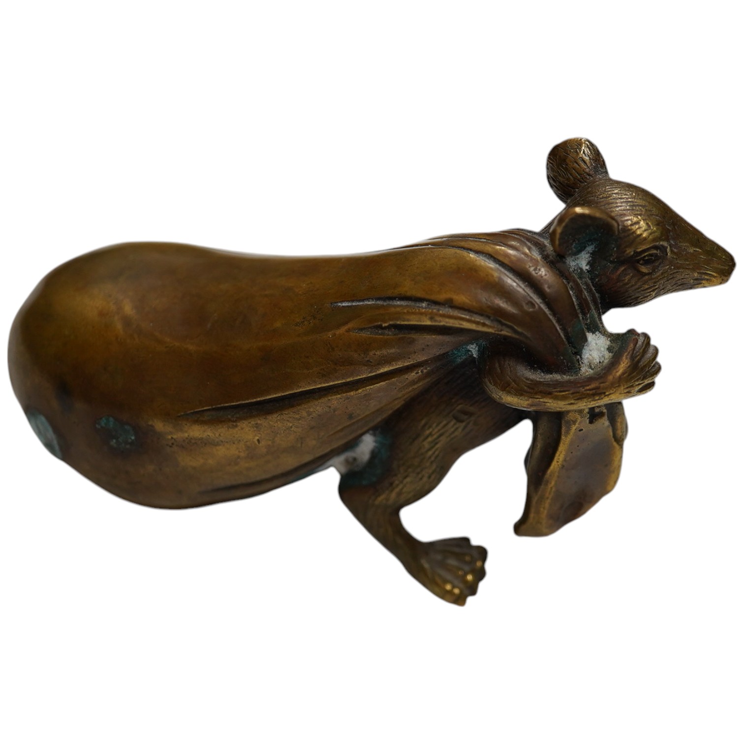 A Chinese bronze rat carrying a sack, signed in casting, 14cm long. Condition - fair